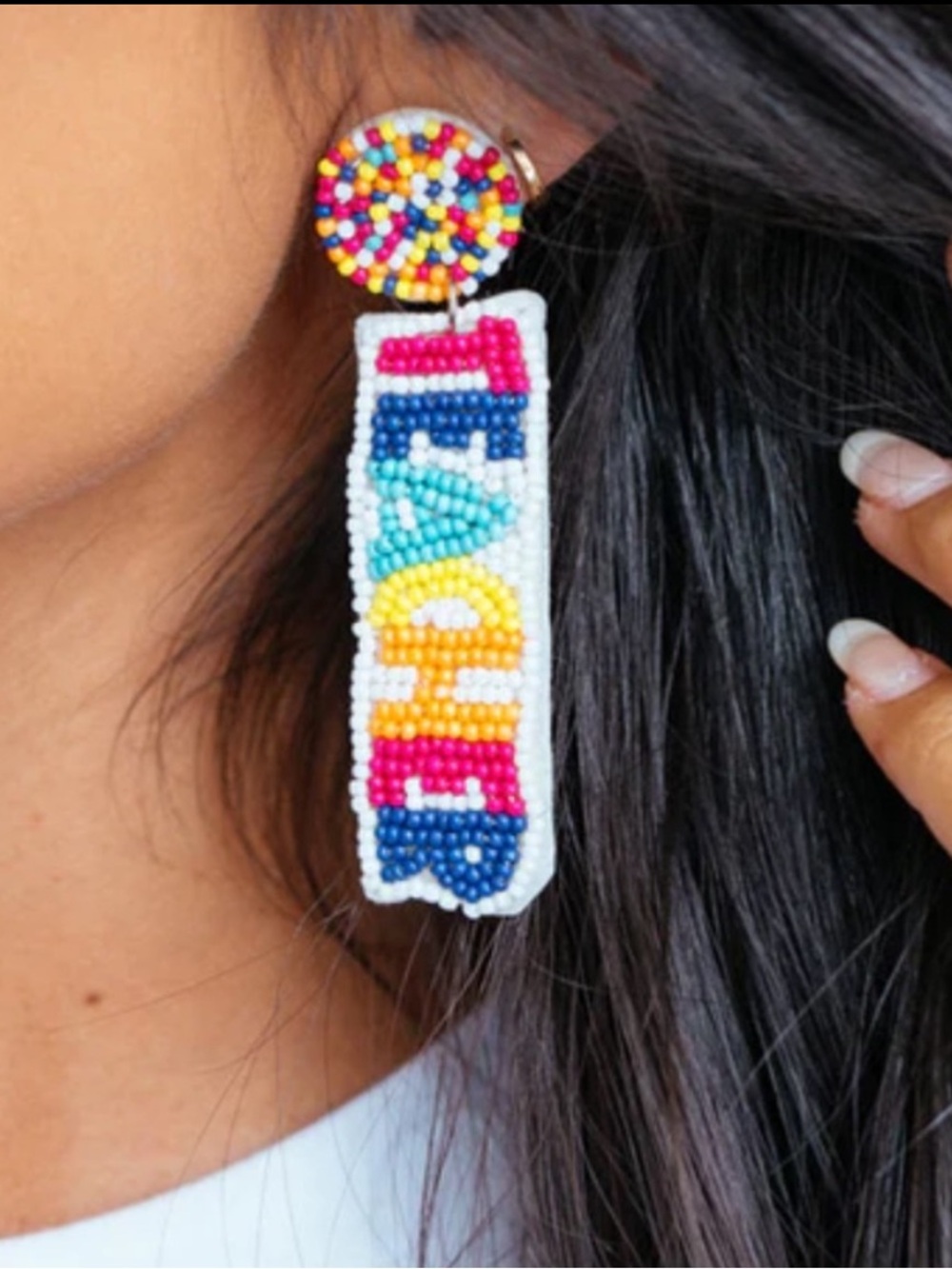 Hand Beaded Multicolor TEACHER Drop Earrings Confetti Post 3.4" 
C4
